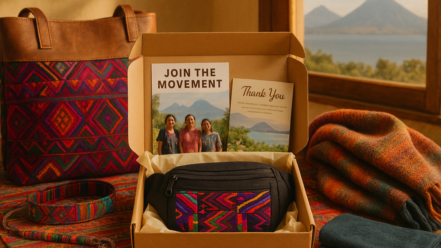 Gift set with a bag, box, and blanket on a wooden surface with a scenic background.